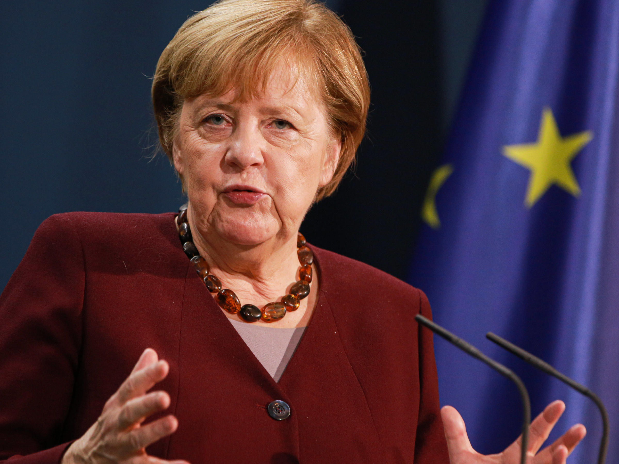 BERLIN, GERMANY - NOVEMBER 22: German Chancellor Angela Merkel speaks to the media following her participation in a virtual summit of G20 nations during the second wave of the coronavirus pandemic on November 22, 2020 in Berlin, Germany. The summit, led this year by Saudi Arabia, had strong emphasis on the global effort against the coronavirus as well policies towards sustainable economies. Notable was the scant participation by U.S. President Donald Trump in the summit. (Photo by Christian Marquardt- Pool/Getty Images)